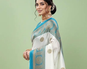 Kunstseide Sari | Weiches, leichtes, traditionelles indisches ethnisches Outfit, Partykleidung