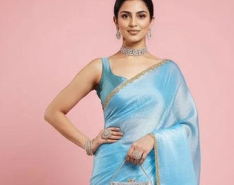 Embellished Bollywood Tissue Silk Blend Saree | Designer Party Wear Indian Sari | Soft Lightweight Festive & Wedding Outfit | Gift for Her