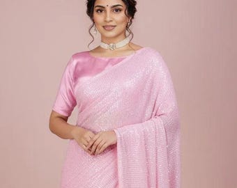 Verzierter Bollywood-Georgette-Sari für Damen | Weicher, leichter Party-Sari | Designer-Festtags- und Hochzeitsoutfit | Indische Trachtenmode