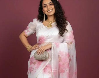 Floral Organza Saree, White Pink Indian Bollywood Sari, Party Photoshoot Wear