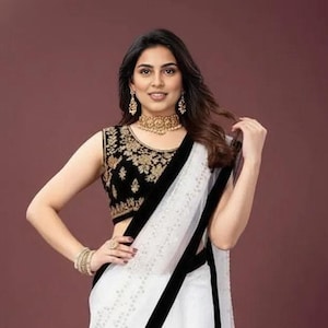 White Embroidered Net Saree, Black Velvet Border Sari, Bollywood Cocktail Party Outfit
