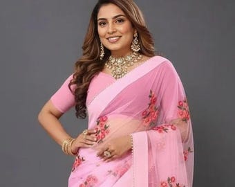 Pink Floral Embroidered Net Saree With Blouse, Bollywood Style Party Wear