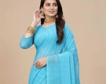 Sky Blue Color Striped Bollywood Chiffon Saree for Women | Lightweight Soft Chiffon Sari
