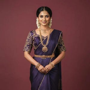Purple Color Saree, Embroidered Bollywood Cotton Silk Saree, Partywear Wedding Outfit, Gift For Her