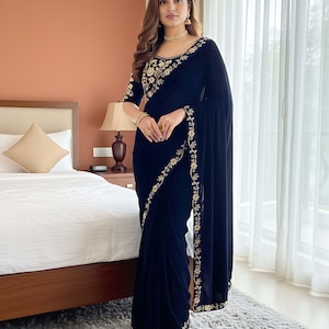 Blue Color Women Saree, Embroidered Velvet Saree, Bollywood Indian Wedding Sari