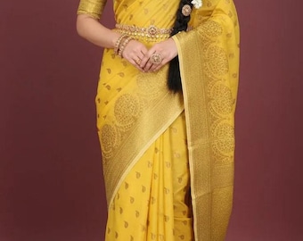 Yellow Kanjeevaram Silk Blend Saree, South Indian Floral Print, Handmade Blouse Saree