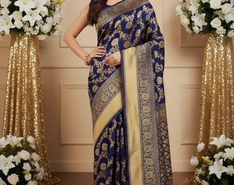 Trending Bridal Kanjivaram Silk Saree for Wedding, Traditional Indian Sari, Gift for Women