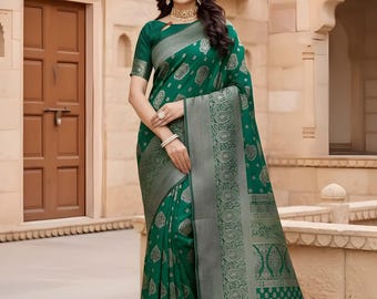 Green Color Women Saree, Handloom Kanjivaram Pure Silk Saree | Indian Wedding Sari