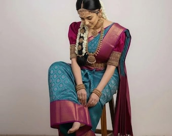 Women Kanjivaram Silk Saree | South Indian Wedding Sari with Blouse