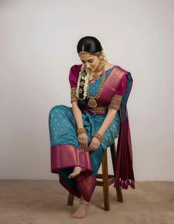 Women Kanjivaram Silk Saree | South Indian Wedding Sari with Blouse