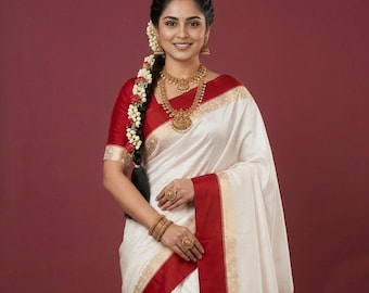 White Color With Red Border Saree, Kanjeevaram Silk Blend Women Saree, Traditional South Indian Bollywood  Party Wear Wedding Sari