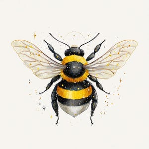 May include: A watercolour illustration of a bumblebee, featuring black and yellow stripes, transparent wings, and gold accents. The bee is set against a white backdrop, with small gold stars and dots scattered around. The bee's body is detailed with black and yellow stripes.