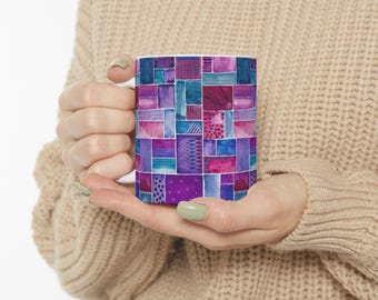 Aquarell Keramik Becher Morgen Ritual Matcha Vorbereitung Tee Liebhaber Einzigartiges Design Künstler Trink Moderne Art Geometrisches Muster Lila