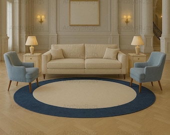 Hand-Tufted Wool Round Rug: Navy Blue & White Design