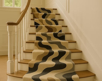 Modern Wavy Stair Runner Rug: Beige, Brown & Black - 2.6x8 Feet