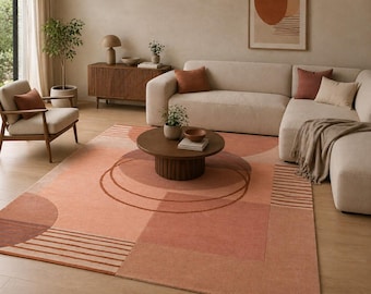Modern Geometric Area Rug Terracotta Abstract Handmade Wool Rug Soft Plush Carpet Living Room Bedroom Decor Boho Minimalist Rug