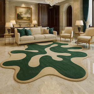 Hand Tufted Wool Rug: Green and White Abstract Amoeba Design