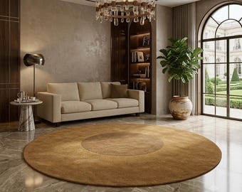 Modern Round Area Rug, Two Tone Beige & Brown Wool Carpet, Minimalist Circle Rug for Living Room Bedroom Office, Custom Size Available