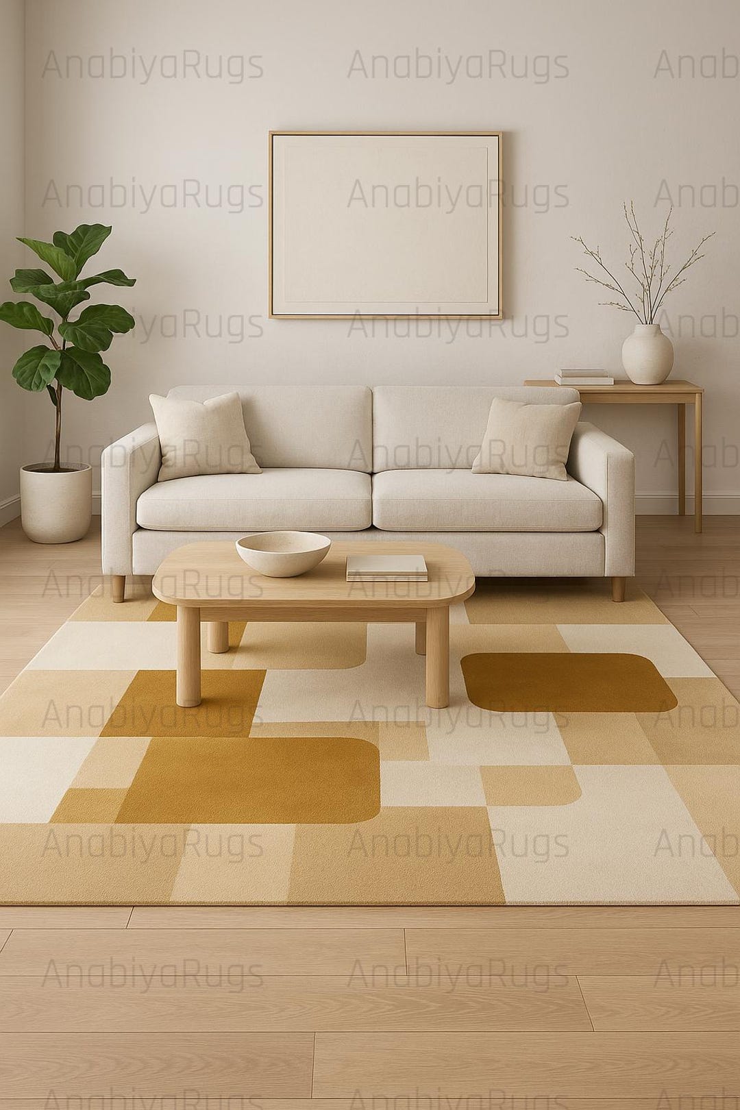 Abstract Geometric Rug – Mustard Yellow & Neutral Beige Carpet, Mid ...