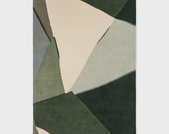 Modern Abstract Green Rug Hand Tufted Wool Area Rug Geometric Carpet Minimalist Living Room Decor Soft Plush Bedroom Rug