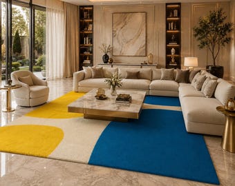 Yellow & Blue Modern Abstract Rug | Geometric Color Block Carpet | Handmade Custom Area Rug for Living Room Decor