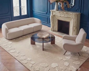Luxus Hand getuftet Wolle und Seide Teppich - Creme Moderner Teppich, Premium Neuseeland Wolle Teppich für Wohnzimmer, Minimalistischer Geschenk Teppich