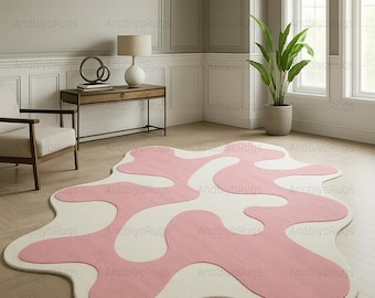 Handmade Tufted Rug, Irregular Pink and White Amorphous Wave Carpet, Modern Wavy Aesthetic Rug for Bedroom, Cute Abstract Living Room Rug