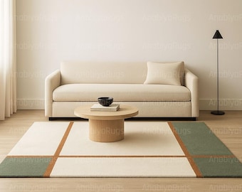 Hand Tufted Wool Area Rug – Cream with Green Border | Modern Minimalist Large Carpet | Living Room Decor | Neutral Handmade Rug 8x10 9x12