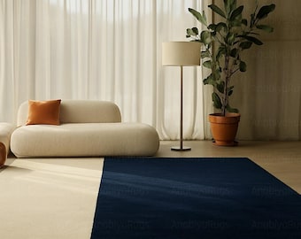 Hand Tufted Wool Rug, Solid White & Blue Scandinavian Geometric Rug, Modern Nordic Area Rug, Contemporary Handmade Wool Carpet, Living Room