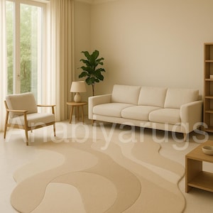 Modern Irregular Wave Rug – Beige Tones Abstract Area Carpet, Hand-Tufted Wool, Soft Sculpted Design for Living Room & Hall 6x9 8x10 9x12 ft
