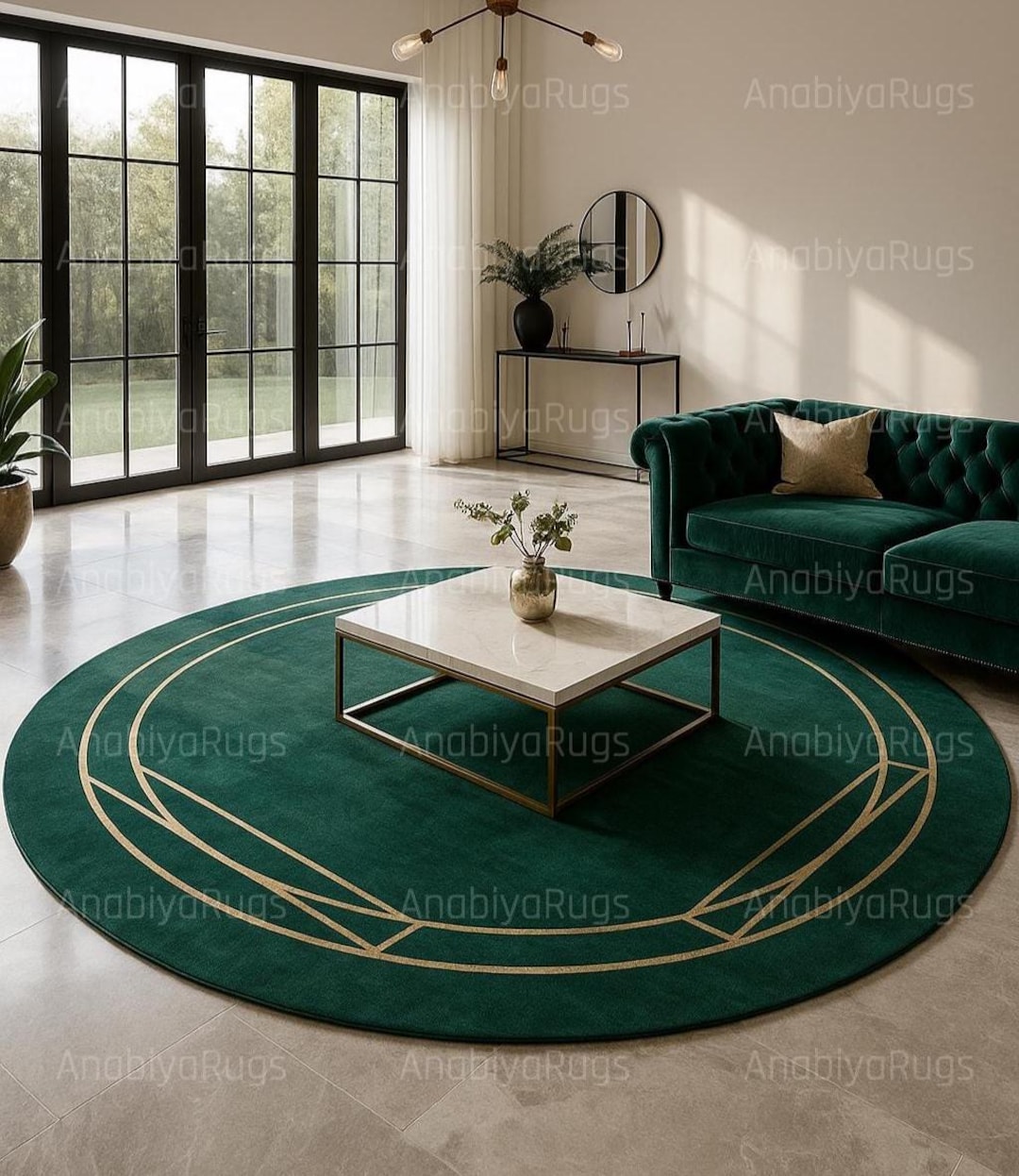 Emerald Green Round Rug With Gold Geometric Lines | Modern Art Deco ...