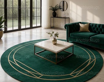 Alfombra redonda verde esmeralda con líneas geométricas doradas / Alfombra moderna estilo art déco para sala de estar / Decoración de lujo para el suelo circular