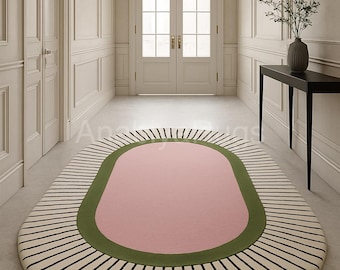 Alfombra ovalada retro Sunburst: alfombra de lana rosa y verde