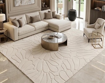Neutral Beige Tufted Wool Area Rug, Modern Abstract Area Rug, Handmade Wool Rug, Minimalist Carpet, Living Room Bedroom Decor Rug