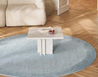 Blue Round Wool Rug, Kari Loop & Cut Low Pile Carpet, Hand Tufted Modern Area Rug, Scandinavian Home Decor, Custom Rug