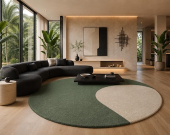 Grüner und cremefarbener Teppich, handgetufteter Wollteppich, moderner abstrakter runder Teppich, neutraler Teppich in Salbeigrün, Designer-Teppich für Wohn- und Schlafzimmer, Bio-Qualität