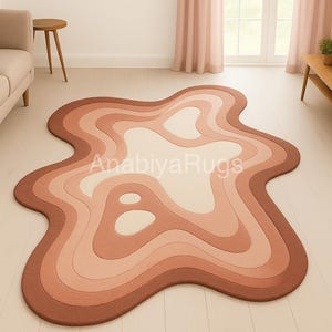 Modern Wavy Area Rug in Warm Terracotta & Blush Tones – Irregular Abstract Shape for Living Room or Bedroom –Soft Tufted Aesthetic Rug Decor