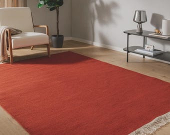 Handmade Wool Dhurrie Rug - Terracotta Red Flatweave Carpet, Solid Minimalist Rust Area Rug for Living Room, Boho Scandinavian Decor