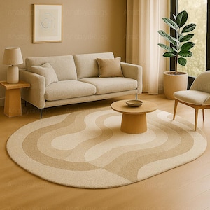 Tappeto beige astratto a onde: moderno tappeto in lana annodato a mano
