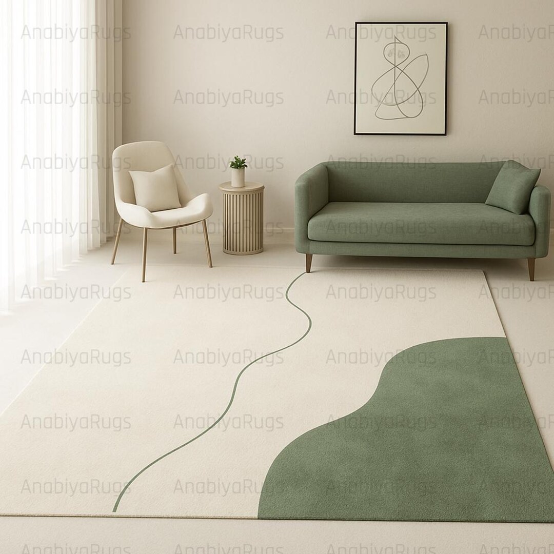 Calming Rug 9x12 Modern Linear Wool Area Rug - Green & Cream Geometric Carpet ...