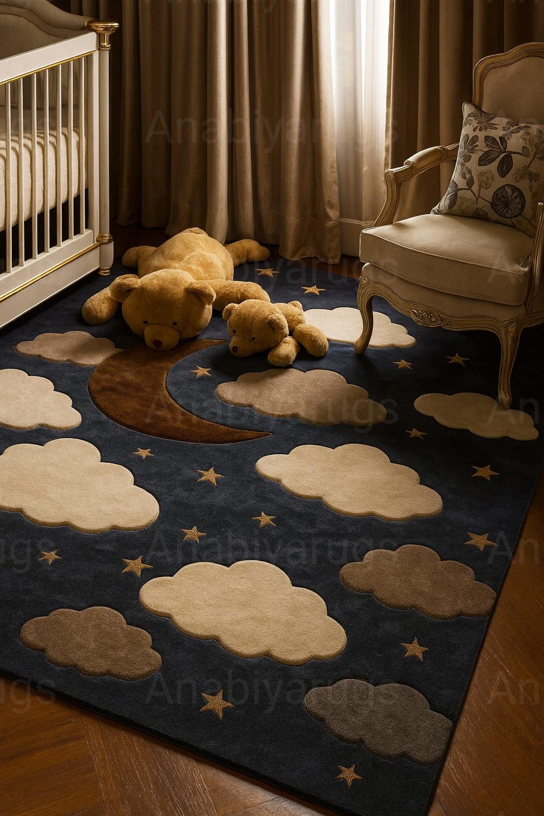 Hand-tufted Wool Kids Rug: Moon, Clouds & Stars Nursery Carpet Kids ...