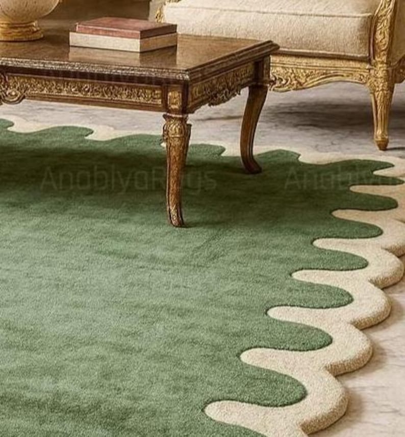Green Scalloped Edge Woven Area Rug: Custom Size Living Room Carpet - Etsy