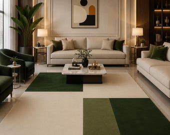 Dywan wełniany tuftowany ręcznie | Minimalistyczny skandynawski dywan w zielone bloki kolorystyczne | Geometryczny dywan w kolorze szałwii i leśnej zieleni do salonu i sypialni
