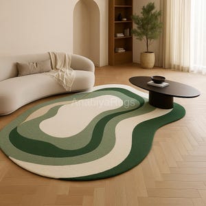 Modern Wavy Green Abstract Rug – Irregular Shape Carpet for Living Room | Minimalist Hand-Tufted Design in Earth Tones 4x6 5x8 6x9 8x10 9x12