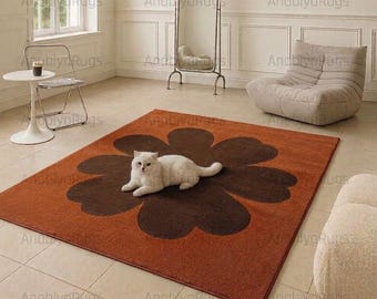 Rust Floral Area Rug, Brown Flower Rug, Vintage Modern Rug, Retro Botanical Carpet, Handmade Living Room Rug, Contemporary Accent Rug