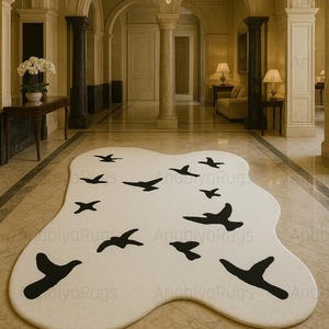 Hand-Tufted New Zealand Wool Rug: Black & White Bird Design, Modern Amoeba Shape