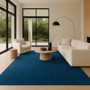 Deep Blue Hand-Tufted Wool Rug: Modern Minimalist Decor