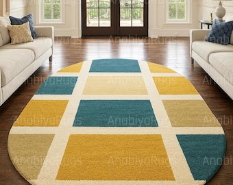 Oval Geometric Area Rug • Teal Mustard Beige Modern Carpet • Color Block Grid Design • Living Room Floor Decor • Contemporary Accent Rug
