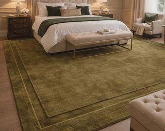Hand Tufted Olive Green Wool Area Rug – Modern Minimalist High Low Pile Border Rug, Olive Plush Carpet And Personalized Home Gift