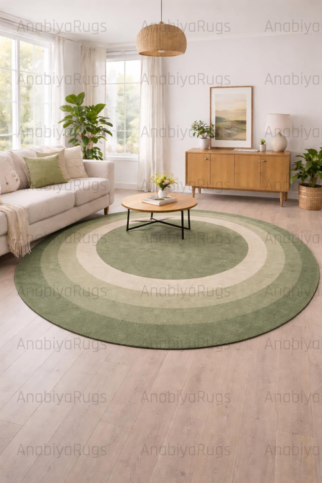 Green Round Rug With Circle Pattern, Modern Minimal Area Rug, Soft ...